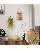 Casafield Set of 2 Wall Hanging Baskets with Handles (Small and Large) - Natural Water Hyacinth, Woven Boho Plant and Flower Storage Pots