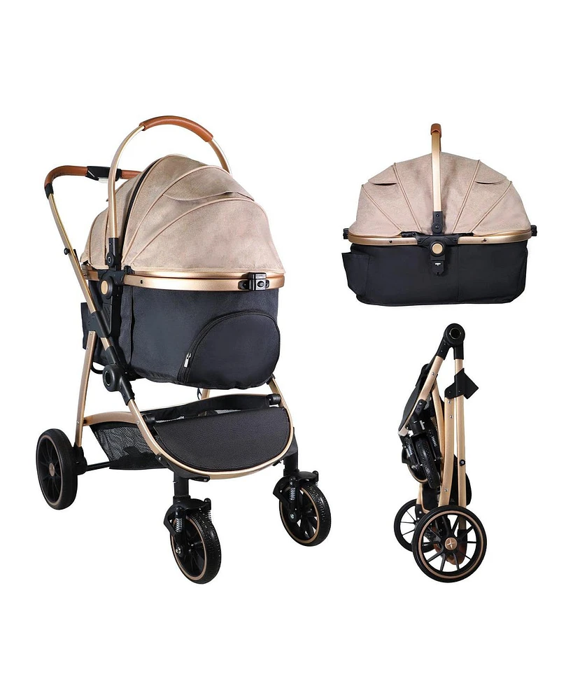 Slickblue Gold 3 in 1 Foldable Dog Stroller with Aluminum Frame, Detachable Carrier, and Cup Holder