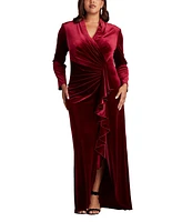 Tadashi Shoji Plus Size Markum Long-Sleeve Velvet Flounce Gown