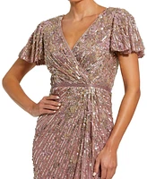 Mac Duggal Women's Embellished Faux Wrap Flutter Sleeve Dress