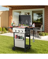 3-Burner Propane Gas Bbq Grill, Ss Plancha, 36900BTU Output With Wire Enamel Cooking Grids For Outdoor Barbecue, Foldable Side Table, Hanging Basket,