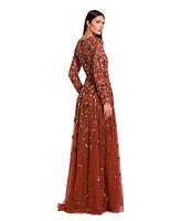 Mac Duggal Women's Embellished High Neck Long Sleeve A Line Gown