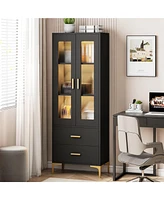 Tribesigns Bookcase with Doors and Led Light,Bookshelf with 2 Drawers, Freestanding Tall Storage Cabinet for Living Room, Bathroom, Office, Kitchen,2P