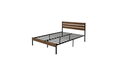 Slickblue Queen Size Bed Frame with Wood Headboard, Metal Frame with Strong Slats, Noise Free,No Box Spring Needed