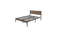 Slickblue Queen Size Bed Frame with Wood Headboard, Metal Frame with Strong Slats, Noise Free,No Box Spring Needed