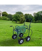 Slickblue Heavy-Duty Garden Hose Reel Cart 4-Wheel Metal Gardening Cart with Storage Basket for Easy Watering