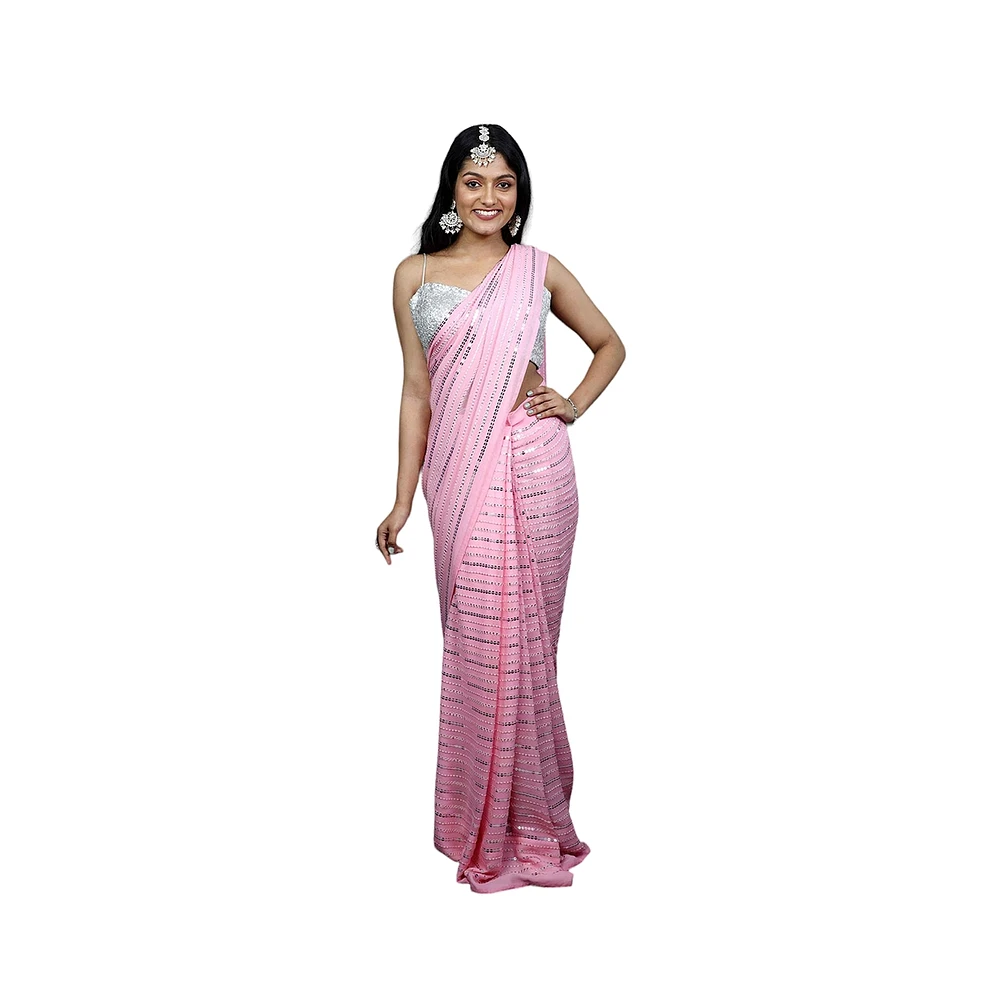 One Minute Saree Petite Puja Pink Georgette Silver Sequins Ready to Wear Sari