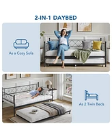 Twin Daybed with Pull-Out Trundle, Stylish Headboard and Metal Slats