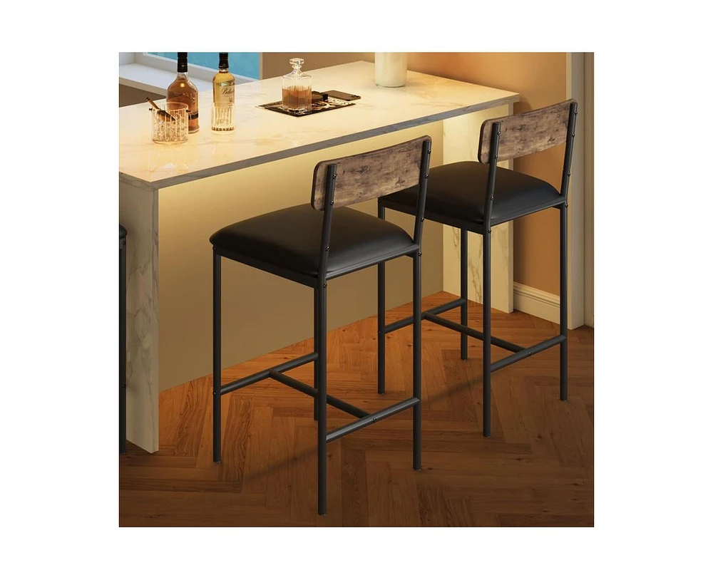 Bar Stools Set of 2, Kitchen with Footrest, 25.5 Inches Upholstered Chairs Back, 2 Counter Height Barstools for Bar
