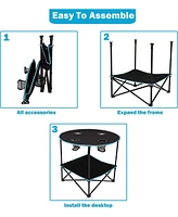 Slickblue Portable Round Folding Table – Camping & Picnic Table with 4 Cup Holders and Carry Bag