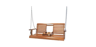 Slickblue 2-Seater Patio Swing Bench Outdoor Swing with Folding Cup Holders and Heavy-Duty Chains