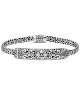 Devata Bali Flower with Dragon Bone Oval 5mm Chain Bracelet in Sterling Silver, 8 inches