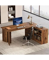 Tribesigns 70.9-Inch Executive Desk, L-Shaped Desk with 55.1-Inch Storage Cabinet, Mid-Century Farmhouse Office Desk Computer Desk with Sliding Door,