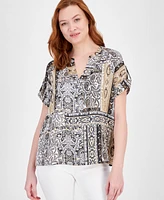 Jm Collection Women's Printed Satin Short-Sleeve Top, Exclusively at Macy's