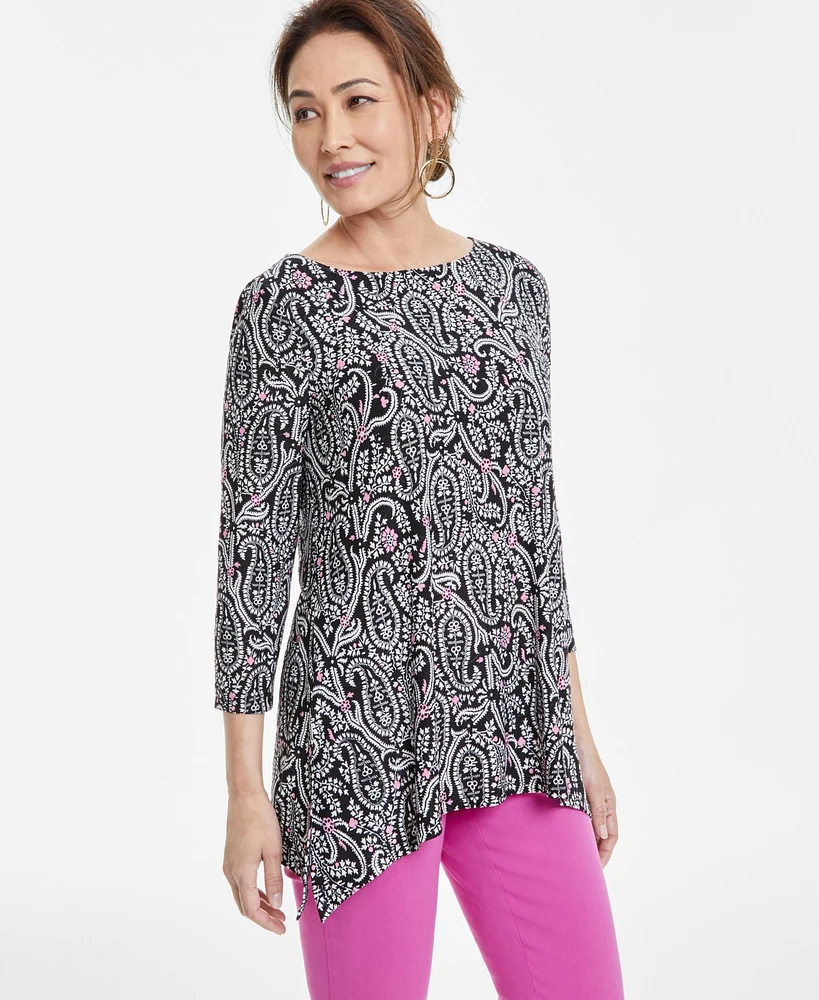 Jm Collection Women's Printed 3/4-Sleeve Handkerchief-Hem Top, Exclusively at Macy's