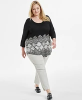 Jm Collection Plus Printed 3/4 Sleeve Top, Exclusively at Macy's