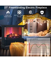 Sugift 27 Inch Freestanding Electric Fireplace with 3-Level Vivid Flame Thermostat-Black