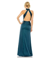 Mac Duggal Women's Open Back High Neck Side Ruched Gown