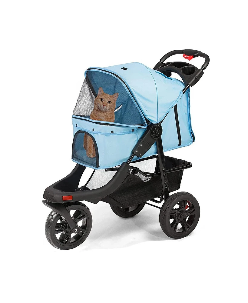 Slickblue Foldable 3-Wheel Pet Stroller – Jogger Style with Storage Basket, Ideal for Travel