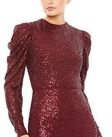 Mac Duggal Women's Sequined High Neck Puff Long Sleeve Column Gown