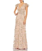 Mac Duggal Women's Embroidered Applique Wrap Over Flutter Sleeve Gown