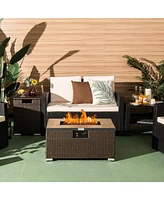 Skonyon 32 x 20 Inch Propane Rattan Fire Pit Table Set with Side Table Tank and Cover