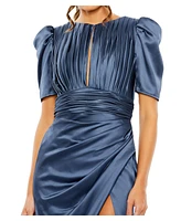 Mac Duggal Women's Puff Sleeve Pleated Bodice Draped Gown