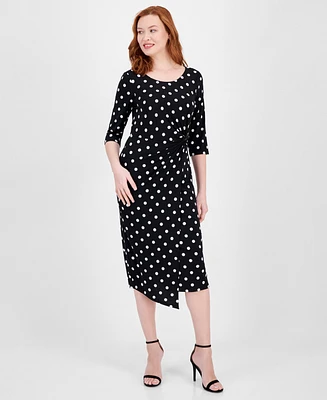 Connected Women's Dot-Print Faux-Wrap 3/4-Sleeve Midi Dress