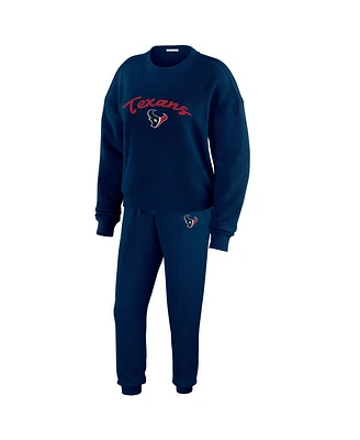 Wear by Erin Andrews Women's Navy Houston Texans Knitted Tri-Blend Long Sleeve T-Shirt Pants Lounge Set