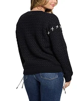 Guess Women's Elliss Rhinestones-Chain Open-Stitch Crewneck Sweater