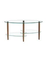 Slickblue Modern Transparent Oval Glass Coffee Table with Oak Wood Legs 3-Layer Living Room Tea Table