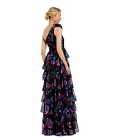 Mac Duggal Women's One Shoulder Printed Chiffon Tiered Ruffle Gown