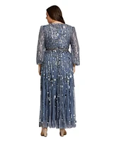 Mac Duggal Plus Long Sleeve Beaded Crystal Deep V Neckline Gown