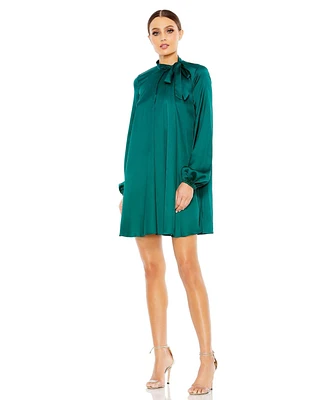 Mac Duggal Women's Soft Tie High Neck Pull Sleeve Shirt Dress