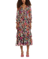 Donna Morgan Women's Printed V-Neck Tiered-Ruffle-Trim Dress