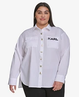 Karl Lagerfeld Paris Plus Cotton Poplin Motif Button-Up Shirt, Exclusively at Macy's