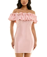 City Studios Juniors' Ruffled-Off-The-Shoulder Bodycon Shimmer Dress