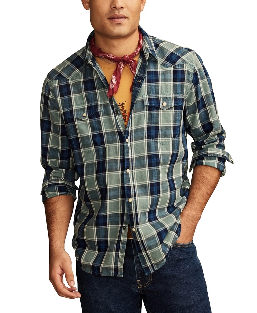 Lucky Brand Men's Plaid Indigo Western Long Sleeve Shirt