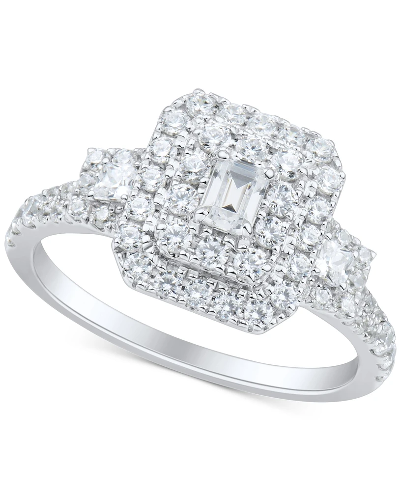 Diamond Emerald Double Halo Cluster Engagement Ring (1 ct. t.w.) in 14k White Gold