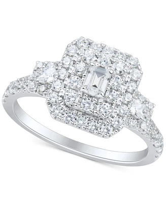 Diamond Emerald Double Halo Cluster Engagement Ring (1 ct. t.w.) in 14k White Gold