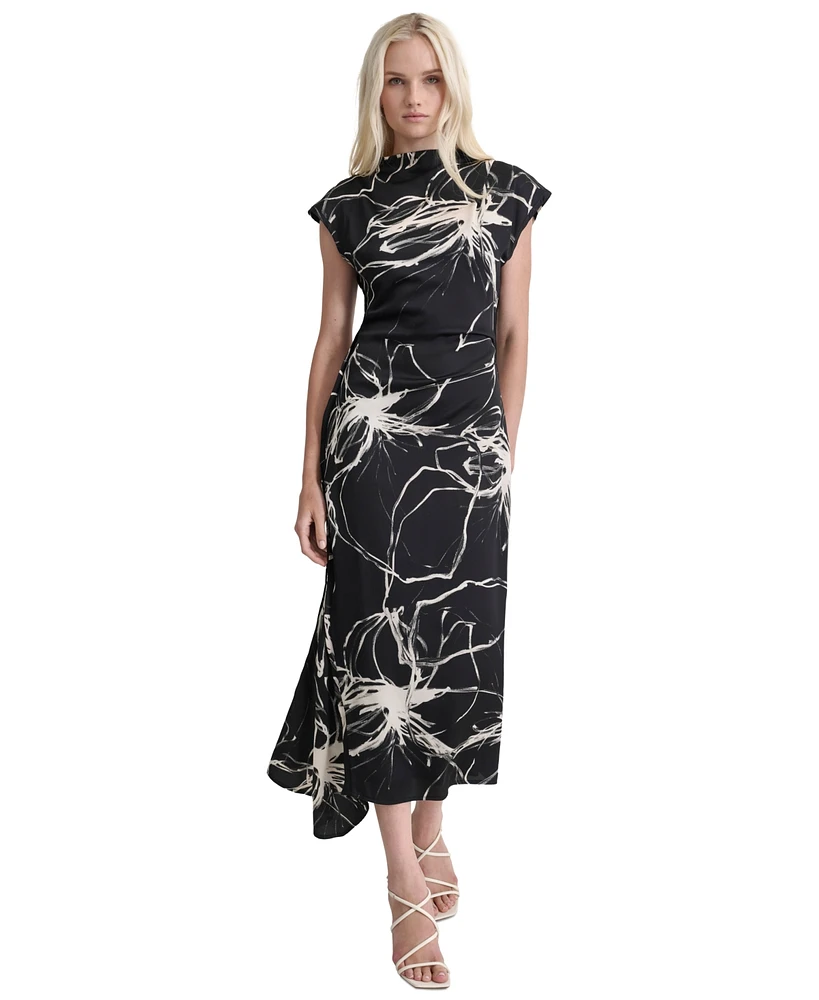 Dkny Women's Printed Mock-Neck Cap-Sleeve Crepe Dress