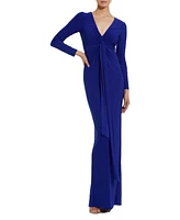 Mac Duggal Women's Long Sleeve Jersey V Neck Twist Knot Gown