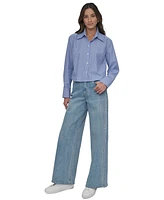 Dkny Jeans Women's Striped Poplin Studded Rhinestone Cotton Long-Sleeve Button-Front Shirt - WYS