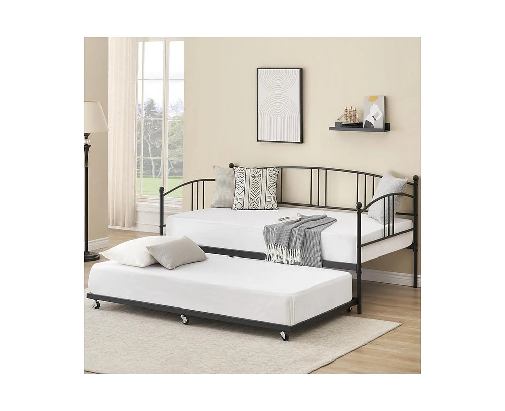 gaomon Twin Daybed with Trundle, Metal Twin Size Daybed with Pullout Trundle 6 Casters, Steel Slat Support Sofa Bed for Living Room, Bedroom