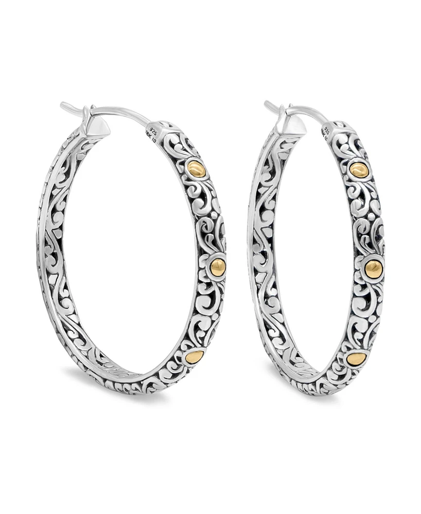 Devata 35mm Bali Filgree Hoop Earrings in Sterling Silver and 18K Gold Accents