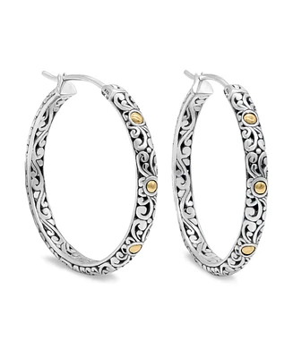 Devata 35mm Bali Filgree Hoop Earrings in Sterling Silver and 18K Gold Accents