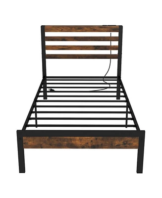 Sugift Twin Size Bed Frame with Charging Station and Storage Headboard