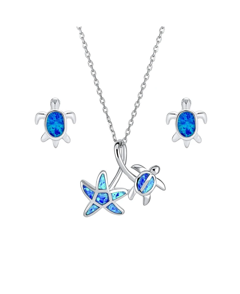 Bling Jewelry Nautical Starfish Turtle Blue Opal Pendant Earring Set Sterling Silver