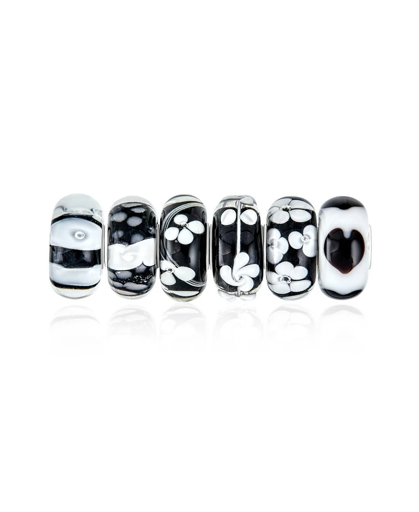 Bling Jewelry Mixed Set Of 4 or 6 Bundle .925 Sterling Silver Core Translucent Shades Of White Black Animal Spots Gold Specks Floral Murano Glass Char