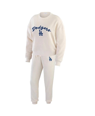 Wear by Erin Andrews Women's Oatmeal Los Angeles Dodgers Plus Rib-Knit Long Sleeve T-Shirt Pants Lounge Set